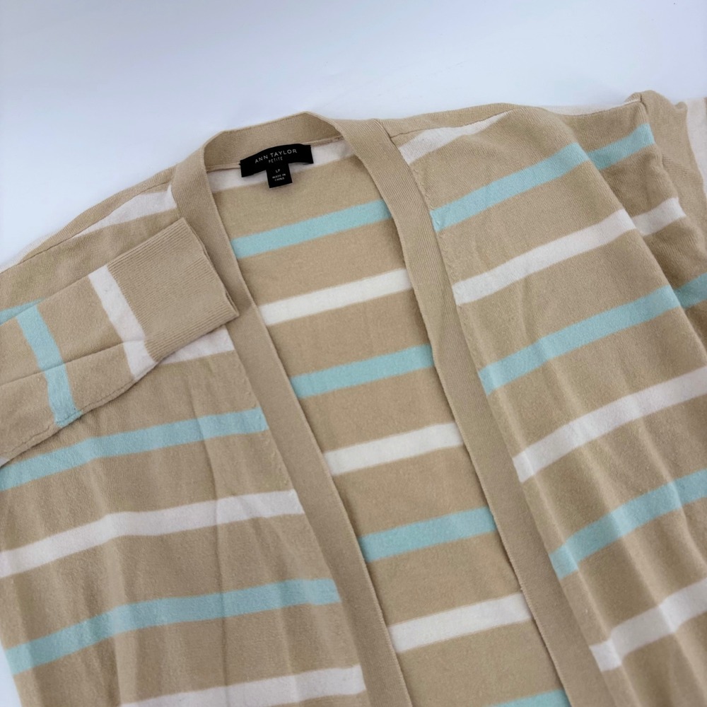 Ann Taylor Women's LP Striped Longline Open Front Cardigan Sweater Beige Soft‎